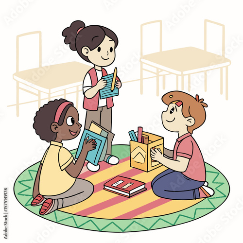 Three children sitting in a circle on a colorful rug reading books with a shelf in the background indoors