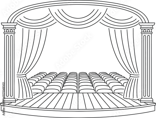 Empty theater stage with rows of seats and decorative curtains and columns