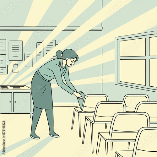 A person arranging a room with tables chairs a bookshelf and large windows in a warm color palette