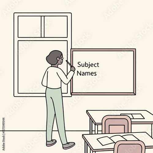 Illustration of a teacher writing subject names on a board in a classroom with desks and a plant pot