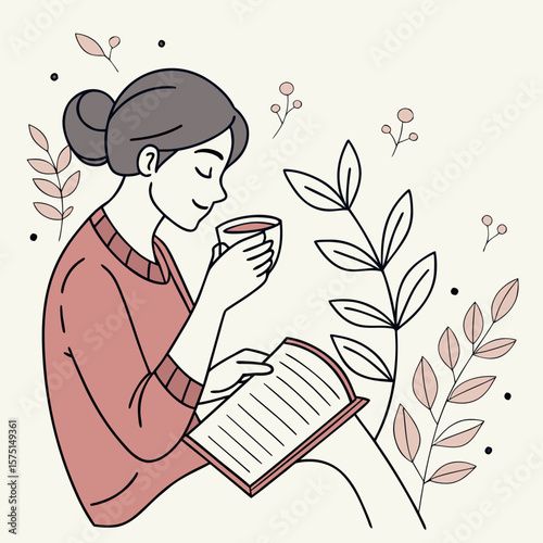 A woman with bun hairstyle reads a book while drinking a hot beverage, seated with leaves around her