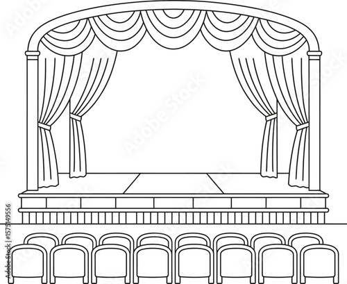 Empty theater stage with red carpet and rows of seats waiting for audience