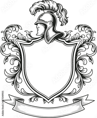 Ornate heraldic crest with helmet shield and banner in vintage engraving style