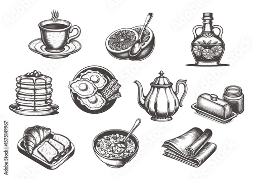 A hand-drawn breakfast set—coffee, citrus fruit, bottle, pancakes, eggs & bacon, teapot, butter, croissants, cereal, napkins—in vintage engraving style. Ideal for decor, packaging, menus.