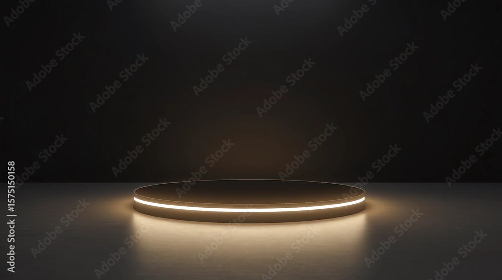 © RulArt - Modern plate pedestal of neon platform display with luxury stand podium on dark room background. Blank Exhibition or empty product shelf. 3D rendering © RulArt - Modern plate pedestal of neon platform display with luxury stand podium on dark room background. Blank Exhibition or empty product shelf. 3D rendering