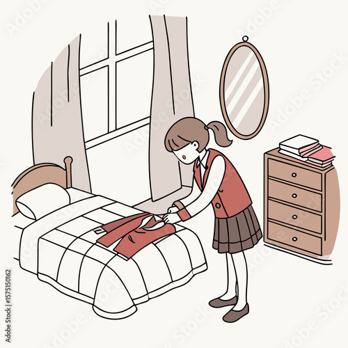 A girl in school uniform folding a red jacket on a bed in a bedroom with a window and a mirror and dresser