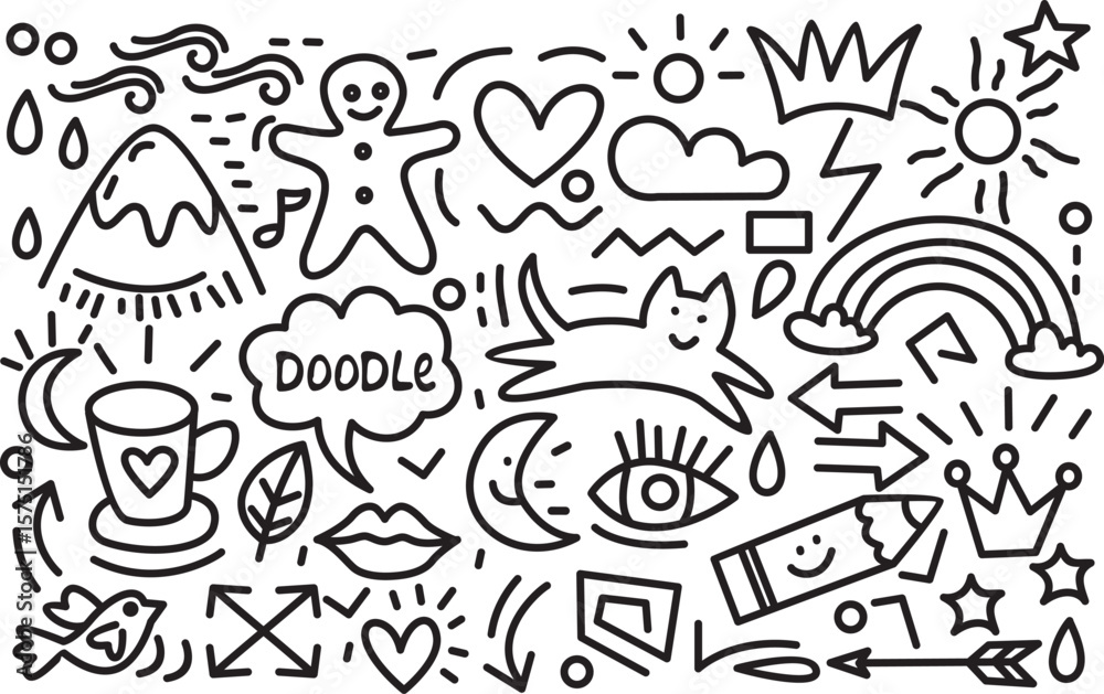 Fototapeta premium Cute line sketch cat,coffee,star, arrow, cloud decoration element icon set