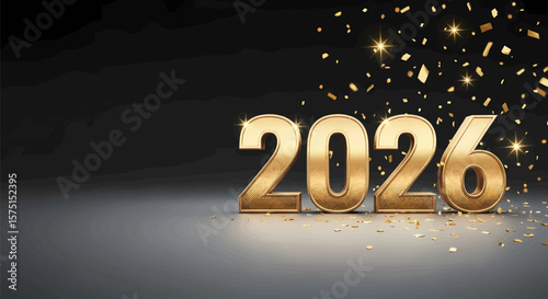 Luxurious Golden "2026" Numbers: A Stylized Digital Illustration with Metallic Sheen, Hatching Texture, and Scattered Gold Confetti and Light Bursts
