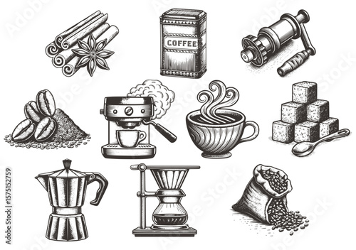 A hand-drawn coffee set—cinnamon sticks, coffee tin, grinder, beans, espresso machine, cup, sugar cubes, moka pot, dripper, bean sack—in vintage engraving style. Ideal for café decor, packaging, menus