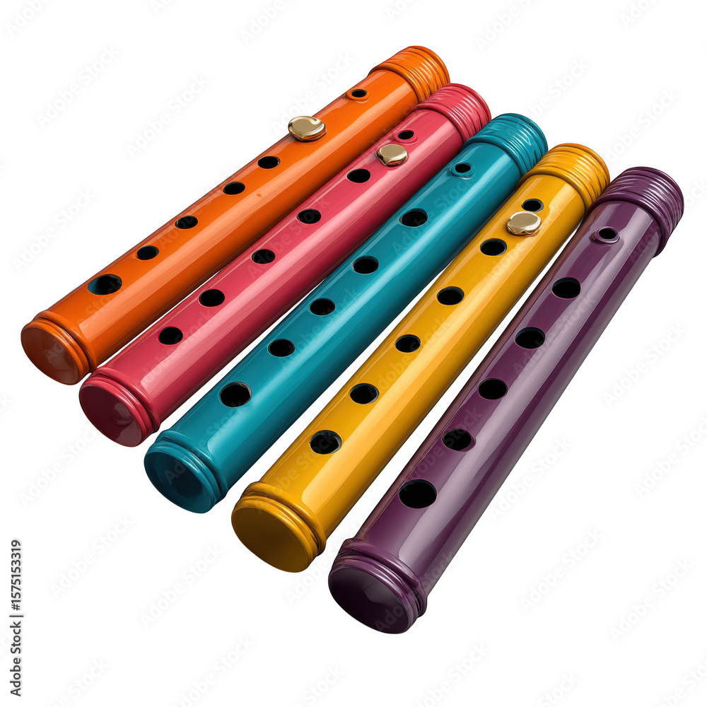 Naklejka premium A vibrant array of colorful plastic flutes isolated on transparent background, showcasing a playful and musical composition