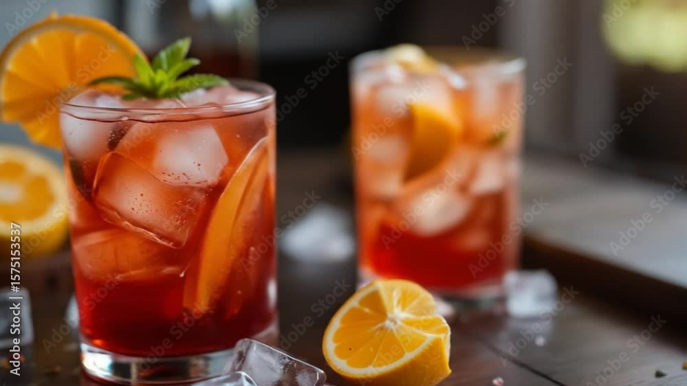 Two Red Cocktails with Ice and Citrus Slices Two Red Cocktails with Ice and Citrus Slices