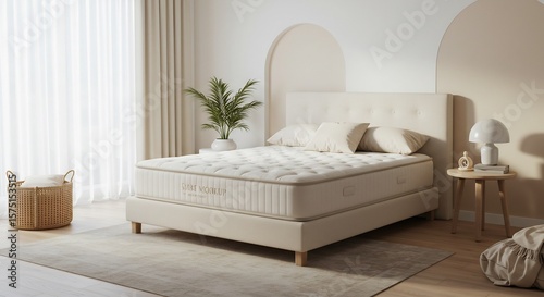 Serene bedroom features plush mattress bathed in soft natural light. AI Generated