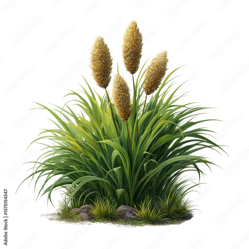 Obraz premium A vibrant green grass plant with brown seed heads isolated on transparent background, showcasing its natural beauty and intricate details