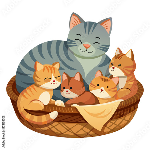A heartwarming cartoon illustration depicting a happy grey tabby cat with its four adorable kittens snuggled together in a wicker basket.
