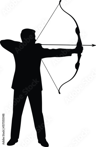 Businessman Archer Silhouette Aiming, Precision and Target Achievement Concept