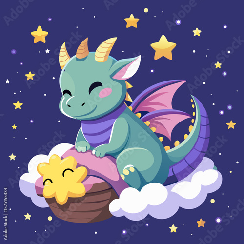 A sweet and enchanting cartoon illustration of a happy baby dragon sitting on a cupcake and cloud, surrounded by stars in a night sky.