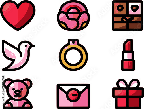 Set of love-themed flat vector icons including heart, gift, flowers, dove, engagement ring, teddy bear, and letter.