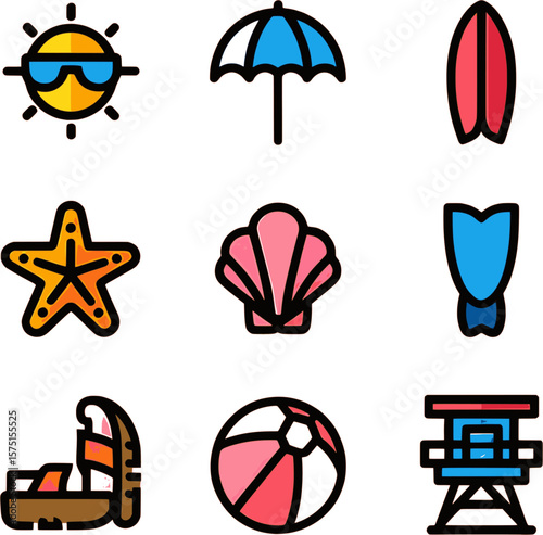 Colorful beach flat icons featuring umbrella, sun, surfboard, starfish, shell, ball, chair, and sea in modern illustration style.