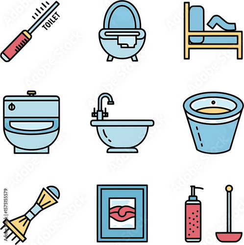 Set of flat vector toilet and bathroom icons including toilet, sink, brush, tub, soap, and cleaning items in colorful style.