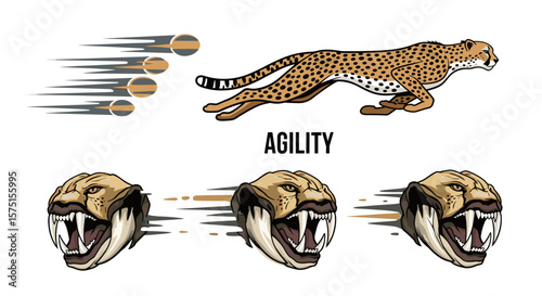 Cheetah running with speed lines and saber tooth tiger heads with agility text below them