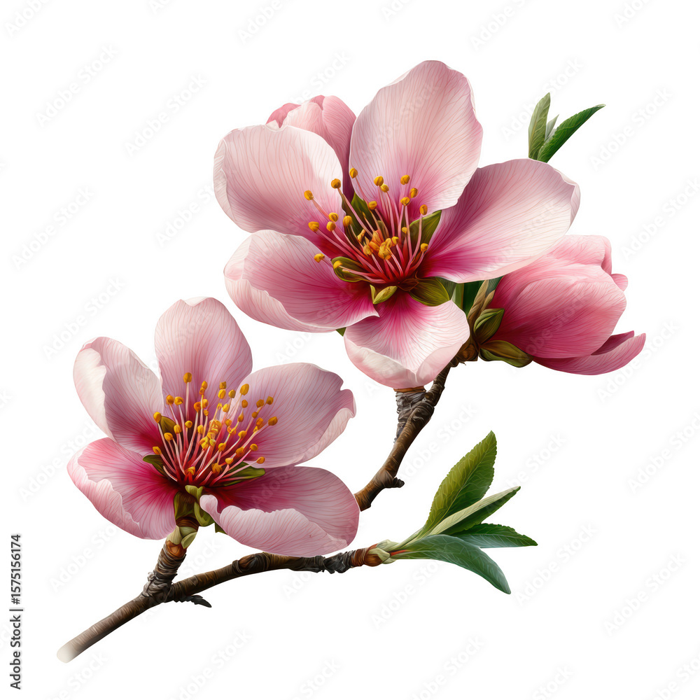 Obraz premium Delicate pink blossoms on a branch with green leaves are isolated on transparent background, showcasing springs beauty