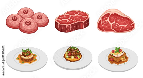 Illustration of raw meat cuts and plated dishes with garnish on white plates in a row on white background