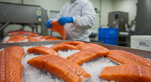 Fish Processing, Worker with Raw Salmon in a Factory