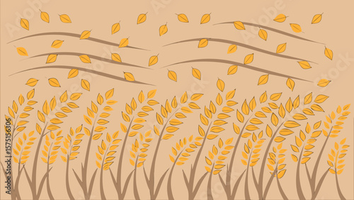 Abstract autumnal scene featuring falling leaves and golden wheat in gentle breeze