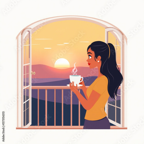 A woman enjoys a morning coffee, gazing at a sunrise over mountains.