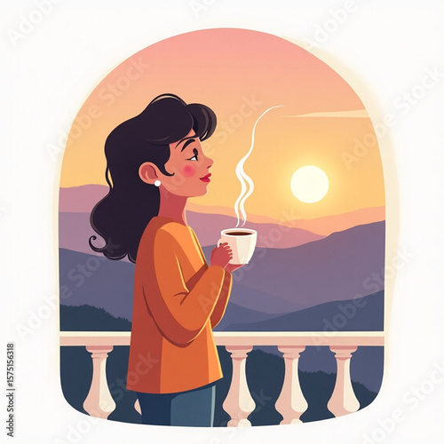 A woman enjoys a cup of coffee on a balcony, watching the sunrise over a mountain range.