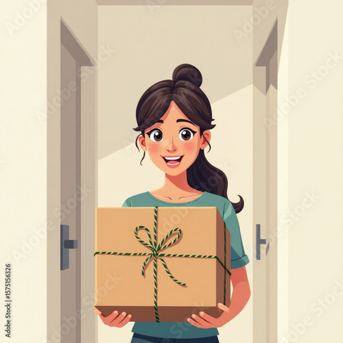 A cheerful young woman stands at a doorway, holding a wrapped cardboard box.