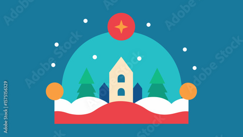 Abstract christmas winter scene featuring a church snowflakes and festive holiday colors