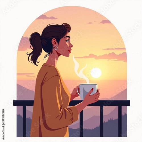 A woman enjoys a warm drink while admiring a beautiful sunrise from a balcony.