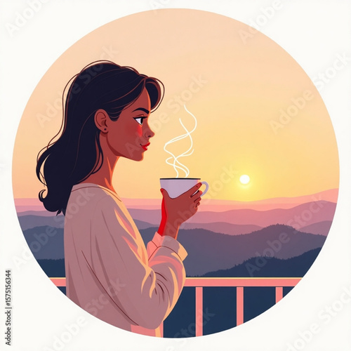 Woman enjoying coffee on a balcony at sunrise, overlooking mountains.