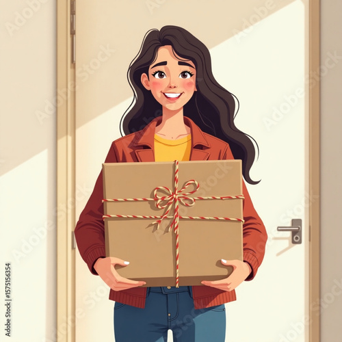 A cheerful young woman stands at a doorway, holding a wrapped cardboard box.