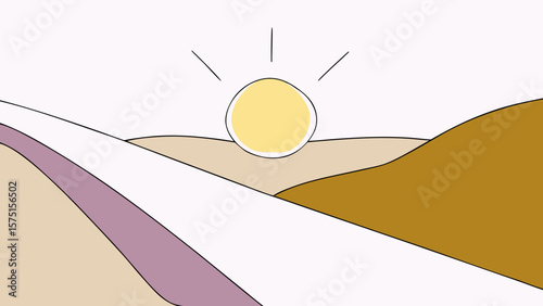 Abstract landscape illustration featuring sun and rolling hills with minimalistic design