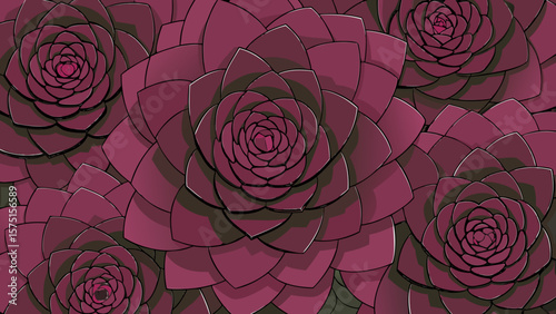 Artistic illustration of detailed succulent plants with dark burgundy petals patterned design