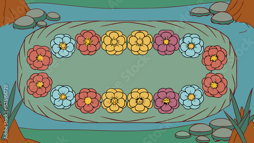 Colorful flower arrangement bordering a natural landscape for decorative design projects