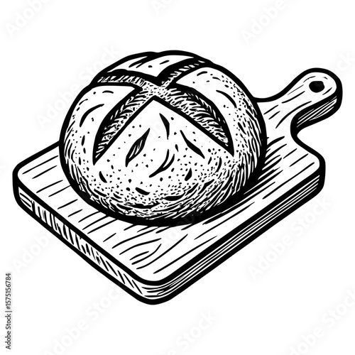 Artisan Boule Bread on Wooden Cutting Board - Hand Drawn Style Vector Vintage Bakery