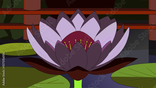 Digital illustration of a beautiful purple water lily blooming gracefully on a pond