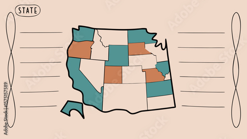 Hand drawn western us states map with simplified color coordination and lines.