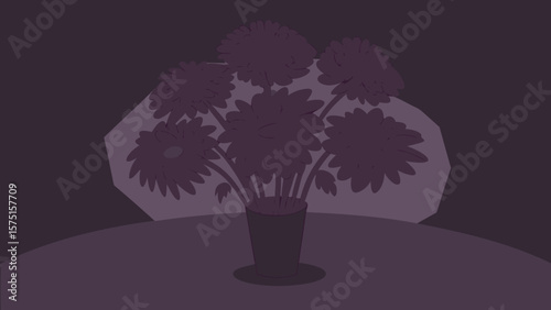 Moody purple gerbera daisy bouquet in a dark vase on a simple tabletop setting