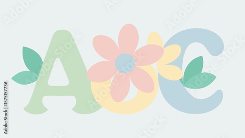 Pastel floral alphabet composition featuring letters a, o, and c in a soft and calming style