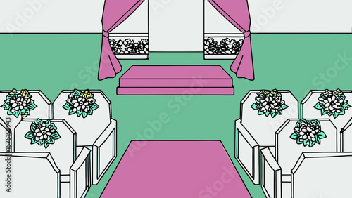 Stylized wedding ceremony scene with floral decorations and open-air archway