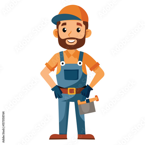 Cartoon worker with tool, wearing overalls and a cap.  Smiling, hands on hips