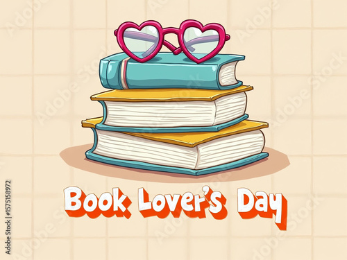 A colorful stack of books with pink heart glasses on top symbolizes the joy of reading for a global celebration of books.