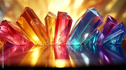 Colorful crystal formation with reflections, shimmering surface and vibrant lighting