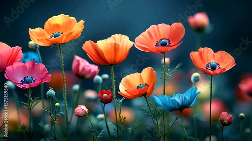 Colorful Poppies Blooming in a Field: Serene Floral Landscape with Vibrant Hues and Dreamy Effect
