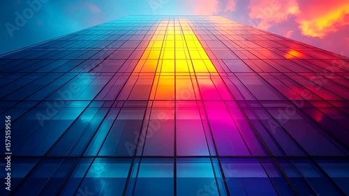 Colorful Reflection: Modern Glass Building with Dynamic Sky View and Sunset Hues