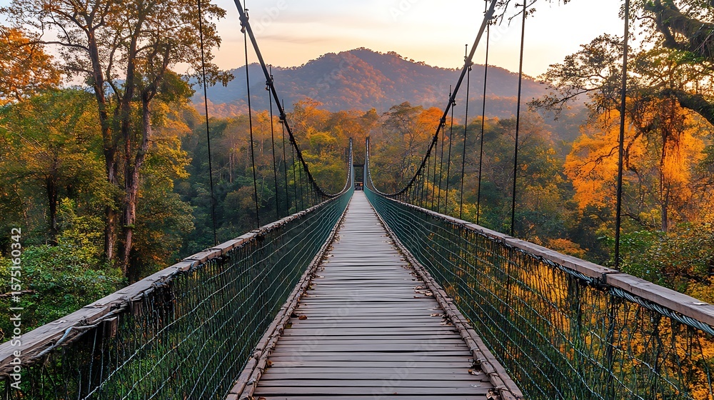 Obraz premium A towering mountain, with a wooden bridge crossing through misty clouds, and clear, bright skies framing the majestic scene.